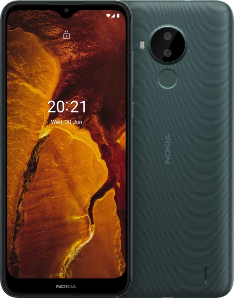 Nokia C30 in Green, front and back view