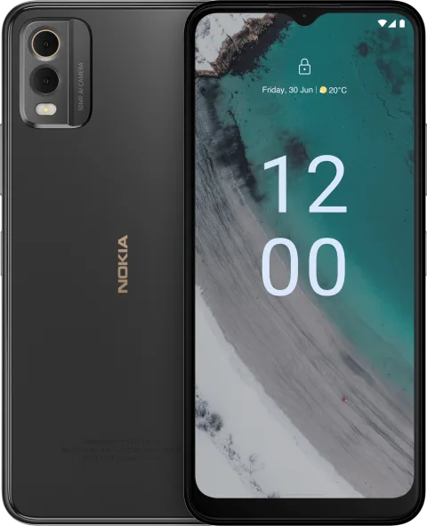 Nokia C32 in Charcoal, front and back view