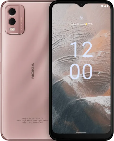 Nokia C32 in Beach Pink, front and back view