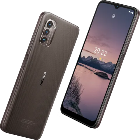 Nokia G21 in Dusk, angled front and back