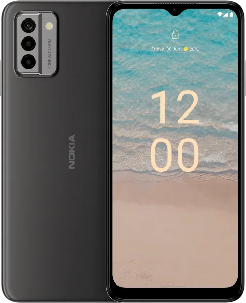 Nokia G22 in Meteor Grey, front and back