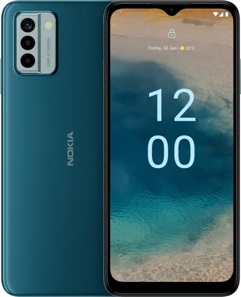 Nokia G22 in Lagoon Blue, front and back