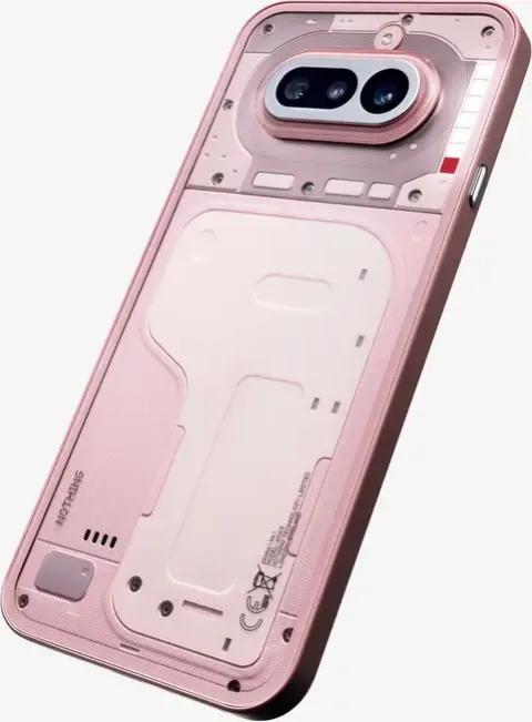 Nothing Phone (4a) in Pink, angled studio shot showing camera housing