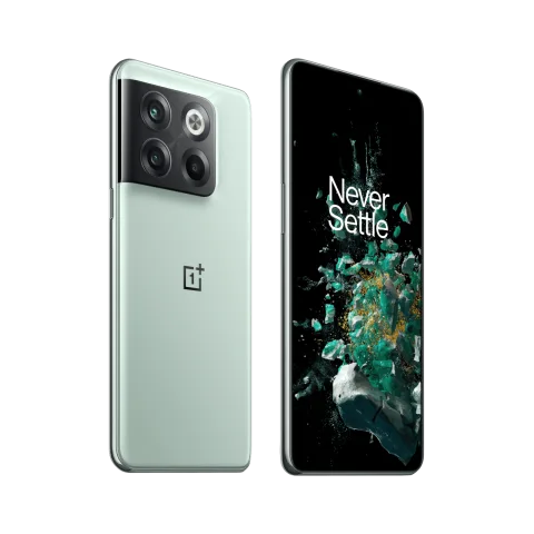 OnePlus 10T in Jade Green, front and side view