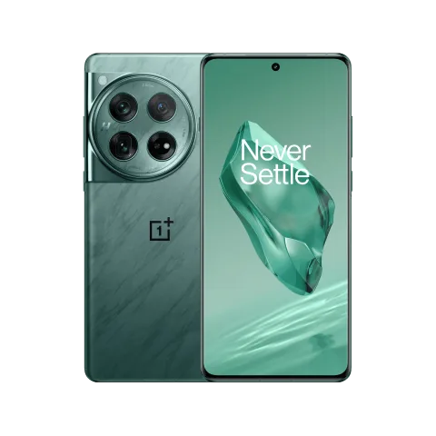 OnePlus 12 in Flowy Emerald, front and back view