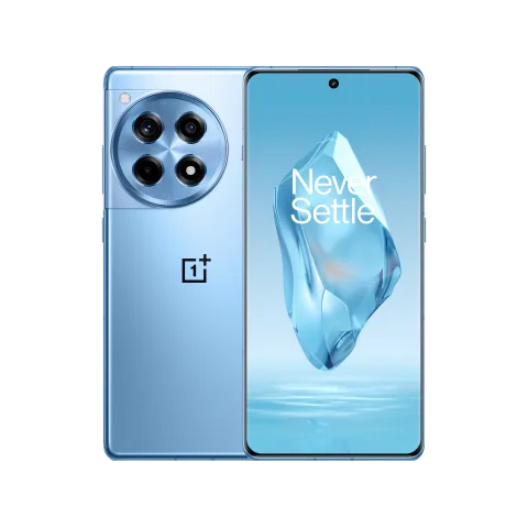 OnePlus 12R in Cool Blue, front and back view