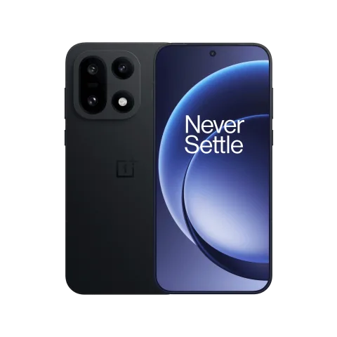OnePlus 15 in Infinite Black, front and back view