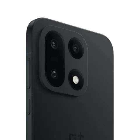 OnePlus 15 in Infinite Black, rear camera module close-up