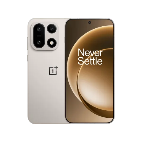 OnePlus 15 in Sand Storm, front and back view