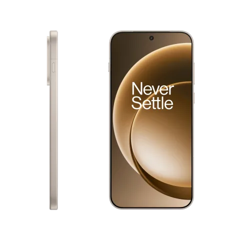 OnePlus 15 in Sand Storm, angled view