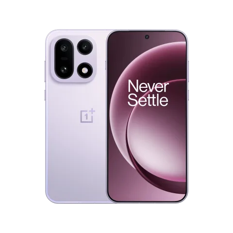 OnePlus 15 in Ultra Violet, front and back view