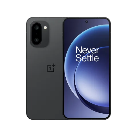 OnePlus 15R in Charcoal Black, front and back view