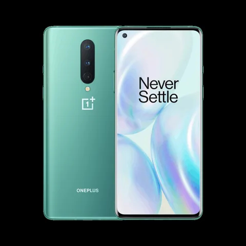 OnePlus 8 in Glacial Green, front and back view