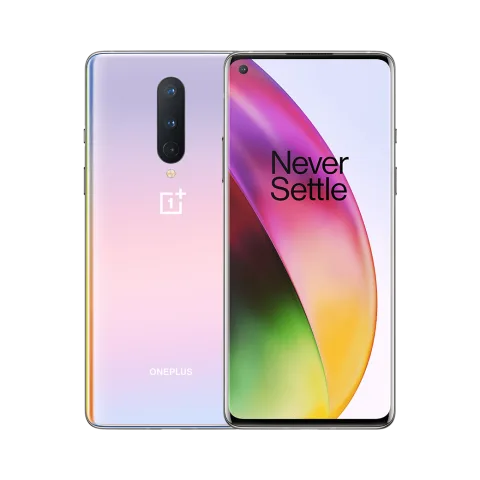 OnePlus 8 in Interstellar Glow, front and back view