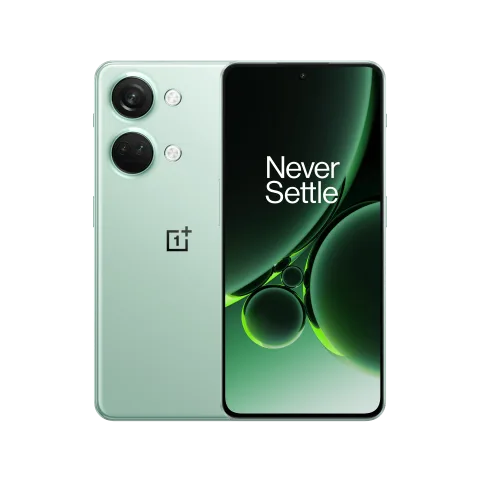 OnePlus Nord 3 in Misty Green, front and back view.