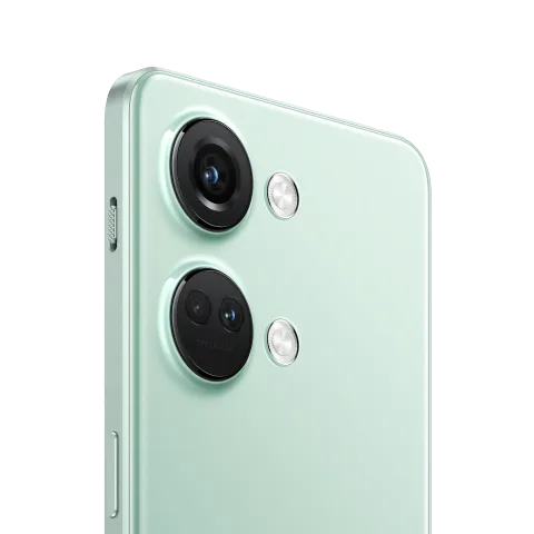 OnePlus Nord 3 in Misty Green, rear camera close-up.