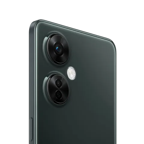 OnePlus Nord CE 3 Lite in Chromatic Gray, angled rear camera close-up.
