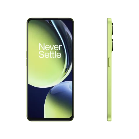 OnePlus Nord CE 3 Lite in Pastel Lime, front display and side profile.