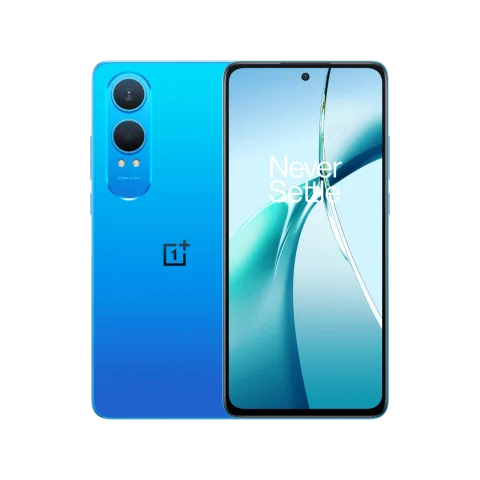 OnePlus Nord CE4 Lite in Mega Blue, front and back view.