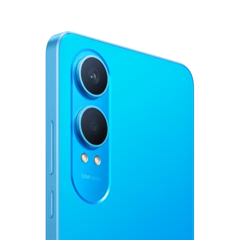OnePlus Nord CE4 Lite in Mega Blue, rear camera close-up.