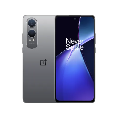 OnePlus Nord CE4 Lite in Super Silver, front and back view.