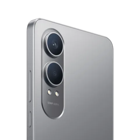 OnePlus Nord CE4 Lite in Super Silver, rear camera close-up.
