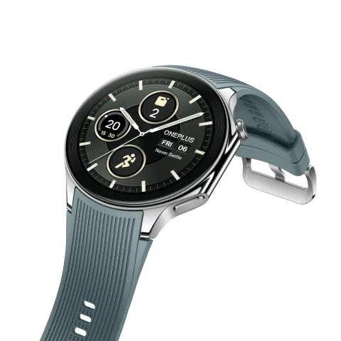 OnePlus Watch 2 in Radiant Steel, angled view