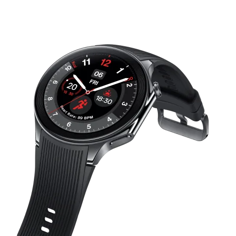 OnePlus Watch 2 in Black Steel, angled view