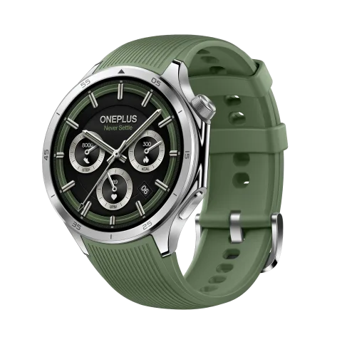 OnePlus Watch 3 in Emerald Titanium, front angled view