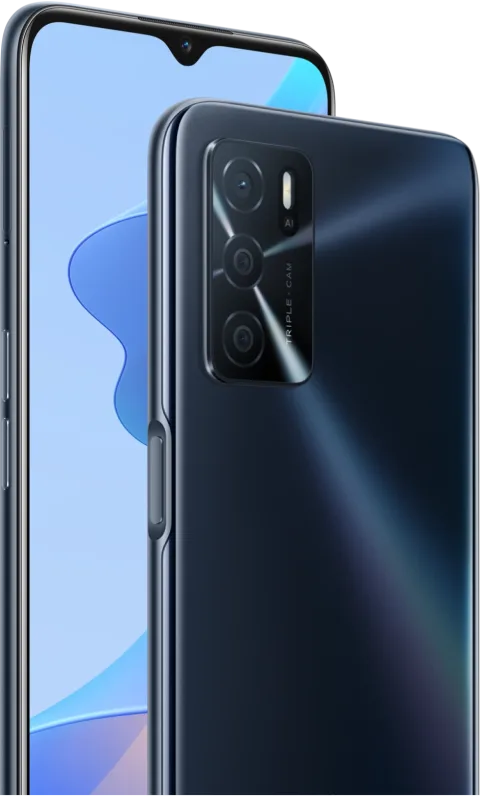 Oppo A16 in Crystal Black, front and back view