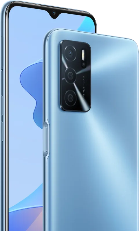 Oppo A16 in Pearl Blue, front and back view