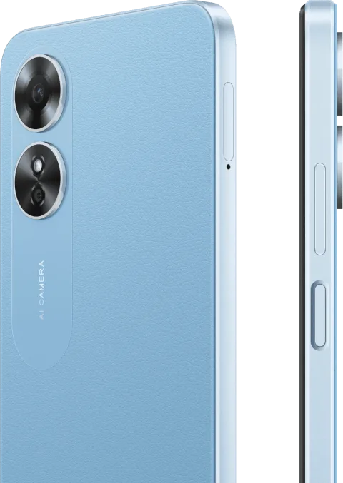 Oppo A17 in Lake Blue, back and side detail