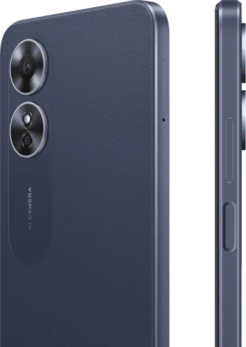 Oppo A17 in Midnight Black, back and side detail