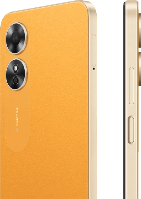 Oppo A17 in Sunlight Orange, back and side detail