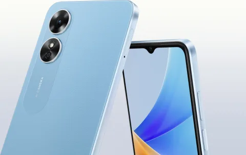 Oppo A17 in Lake Blue, front and back view