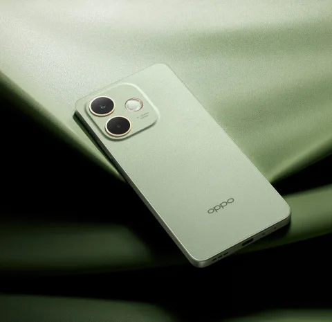 Oppo A5 Pro in Olive Green, back view