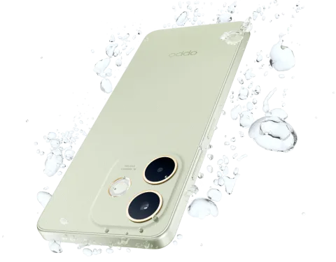 Oppo A5 Pro in Olive Green, angled back view with water splash