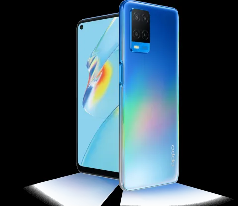 Oppo A54 in Starry Blue, front and back view