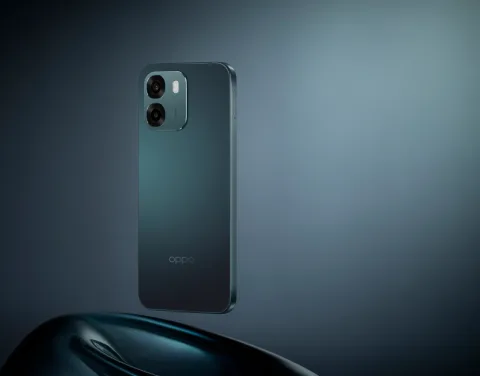 Oppo A6 4G in Sapphire Blue, back three-quarter view