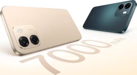 Oppo A6 4G in Aurora Gold and Sapphire Blue, back three-quarter hero shot with camera module visible