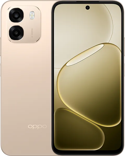 Oppo A6 4G in Aurora Gold, front and back side by side