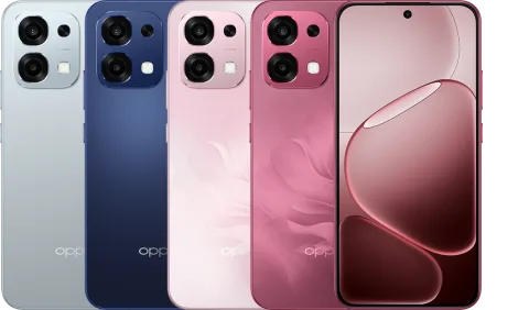 OPPO A6 Pro in Lunar Titanium, Stellar Blue, Coral Pink and Rosewood Red with front screen