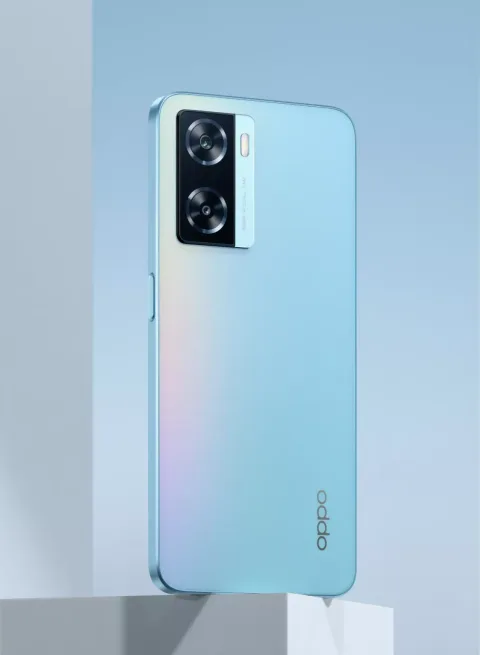 Oppo A77 in Sky Blue, back view