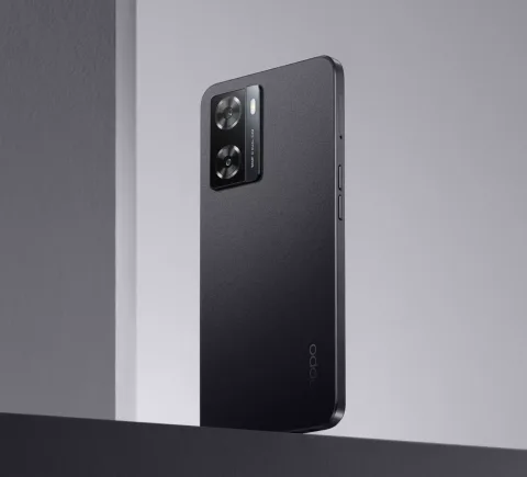 Oppo A77 in Starry Black, back view