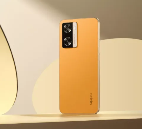 Oppo A77 in Sunset Orange, back view