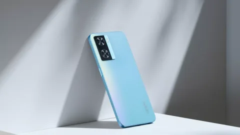 Oppo A77 in Sky Blue, angled back view