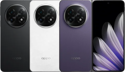 Oppo Find N5 foldable in Cosmic Black, Misty White and Purple, closed back view, plus unfolded front display