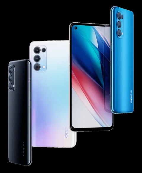 Oppo Find X3 Lite in Starry Black, Galactic Silver and Astral Blue, back view, plus front display