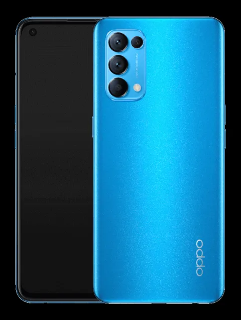 Oppo Find X3 Lite in Astral Blue, front and back view