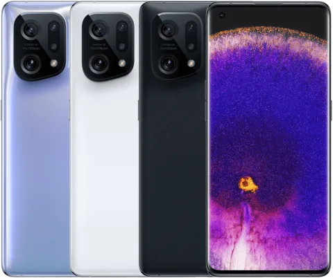 Oppo Find X5 in blue-to-purple gradient, White and Black, back view, plus front display